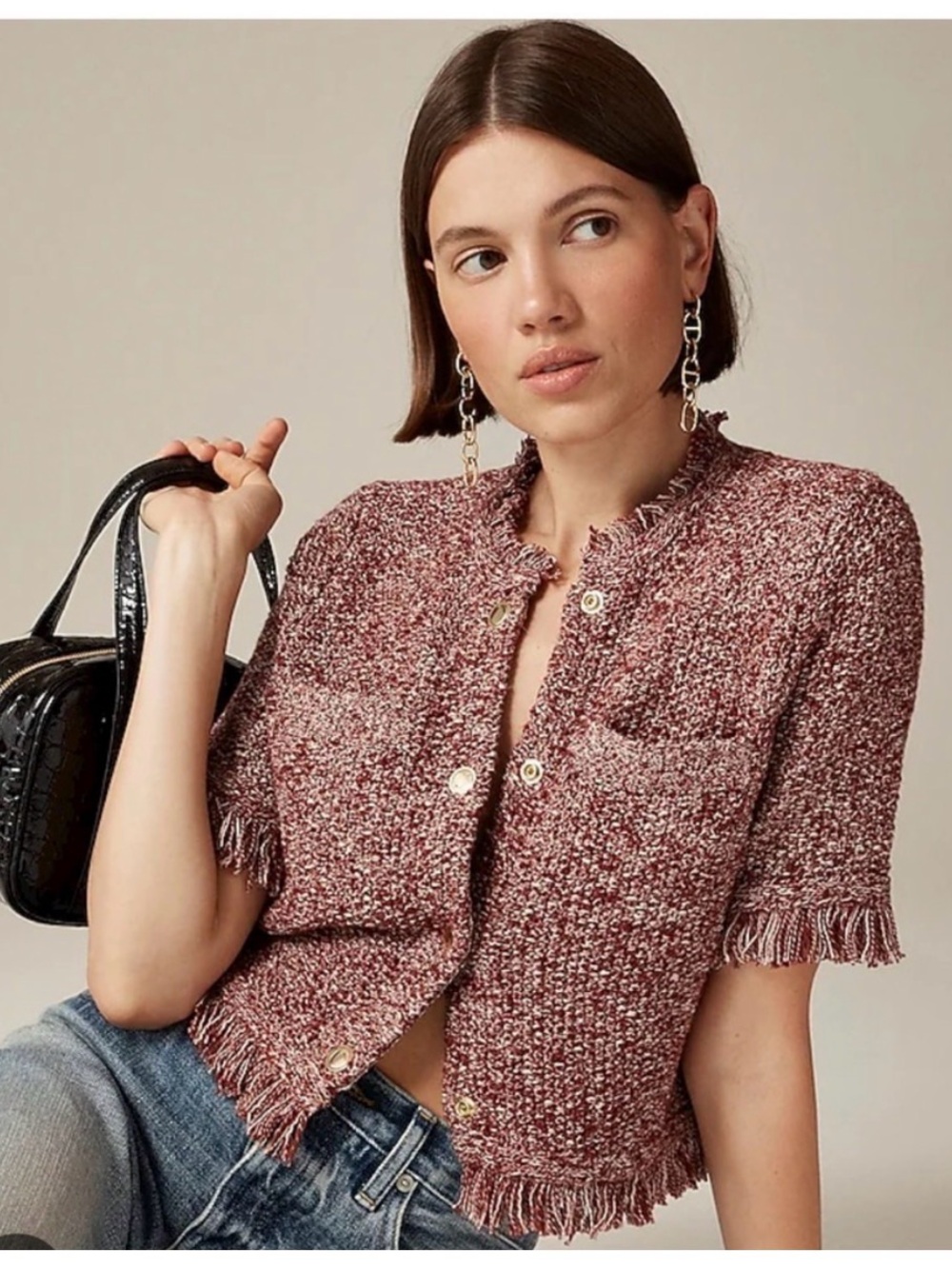 J.Crew Cropped fringe-trim lady jacket in marled yarn Size L
